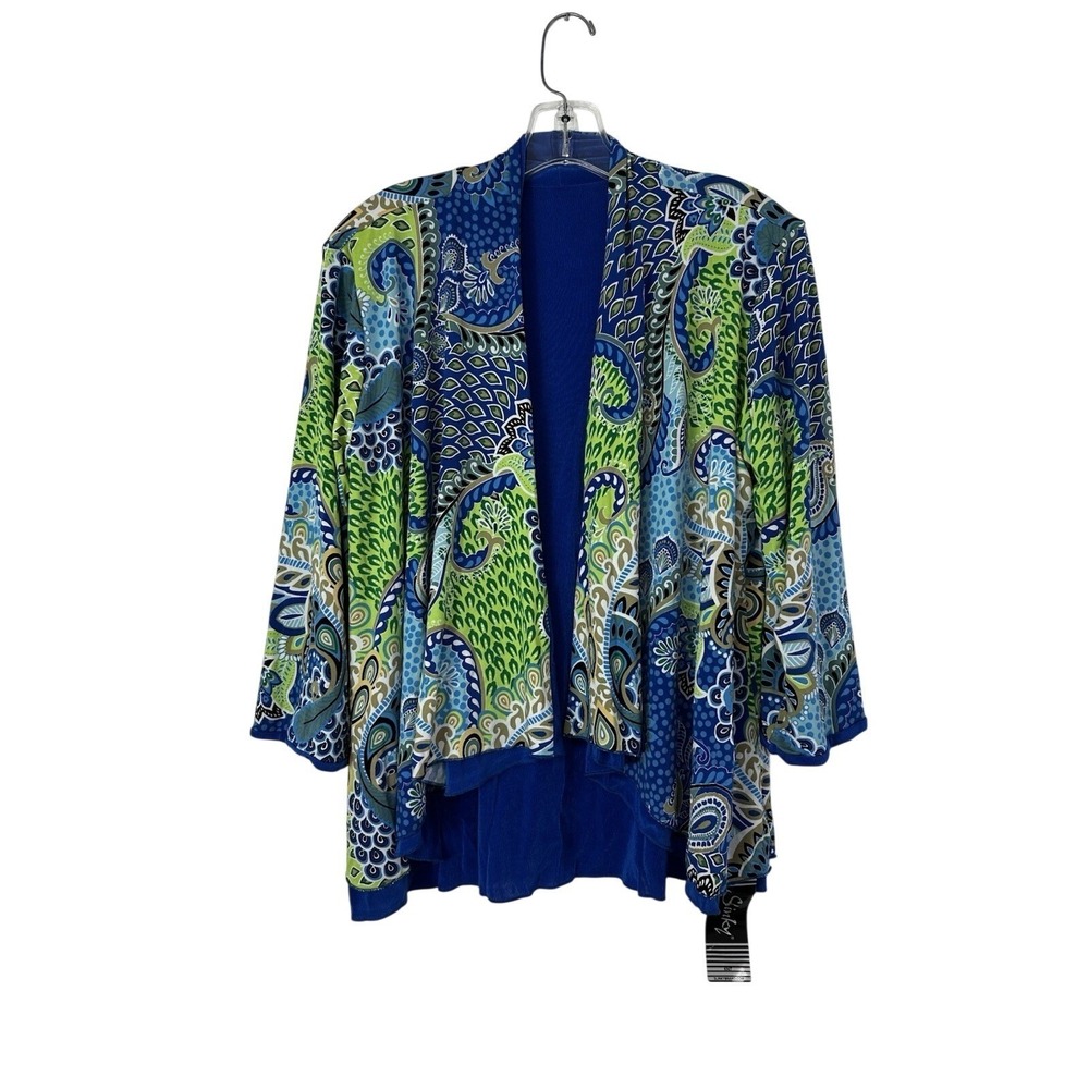 Slinky Brand Open Front Reversible Cardigan Womens Large Blue Green Vibrant Top